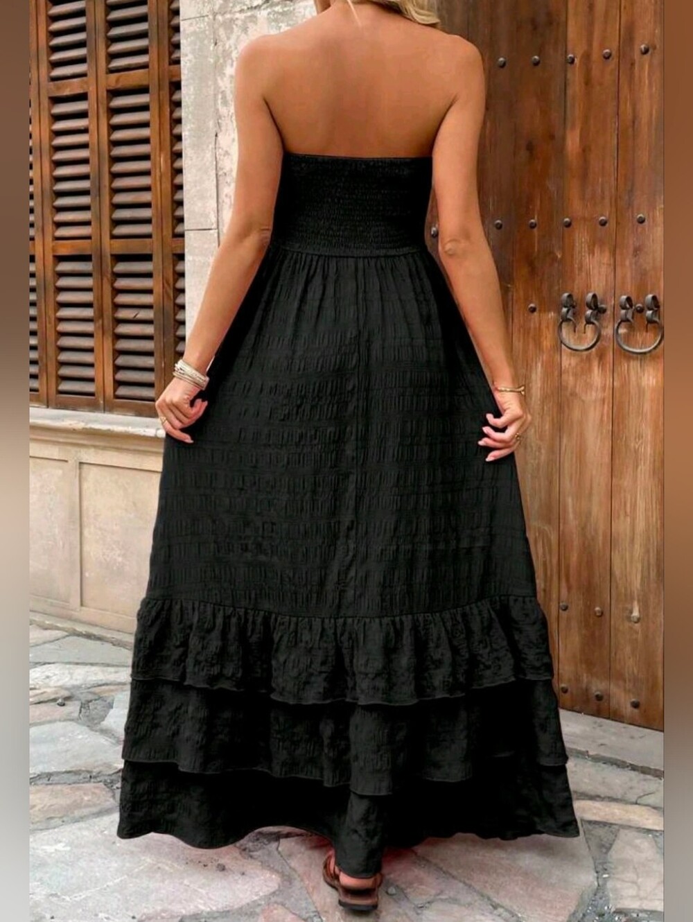 New Strapless Smocked Tiered Ruffle Maxi Dress Black - Picture 4 of 9